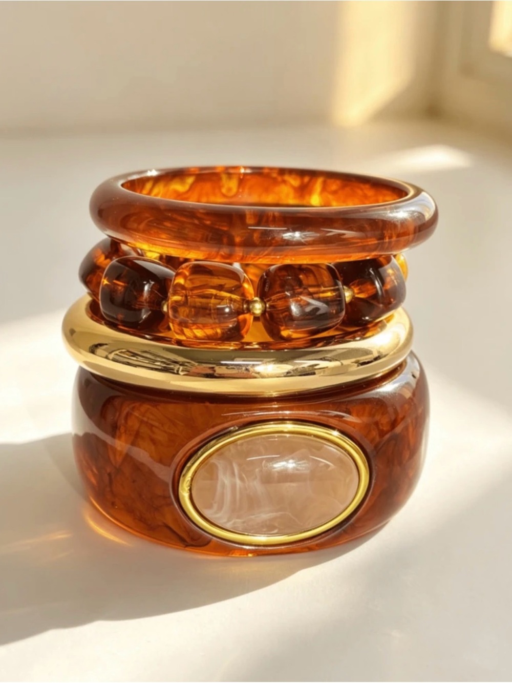 Amber Resin Stackable Bangle Set with Gold Accent